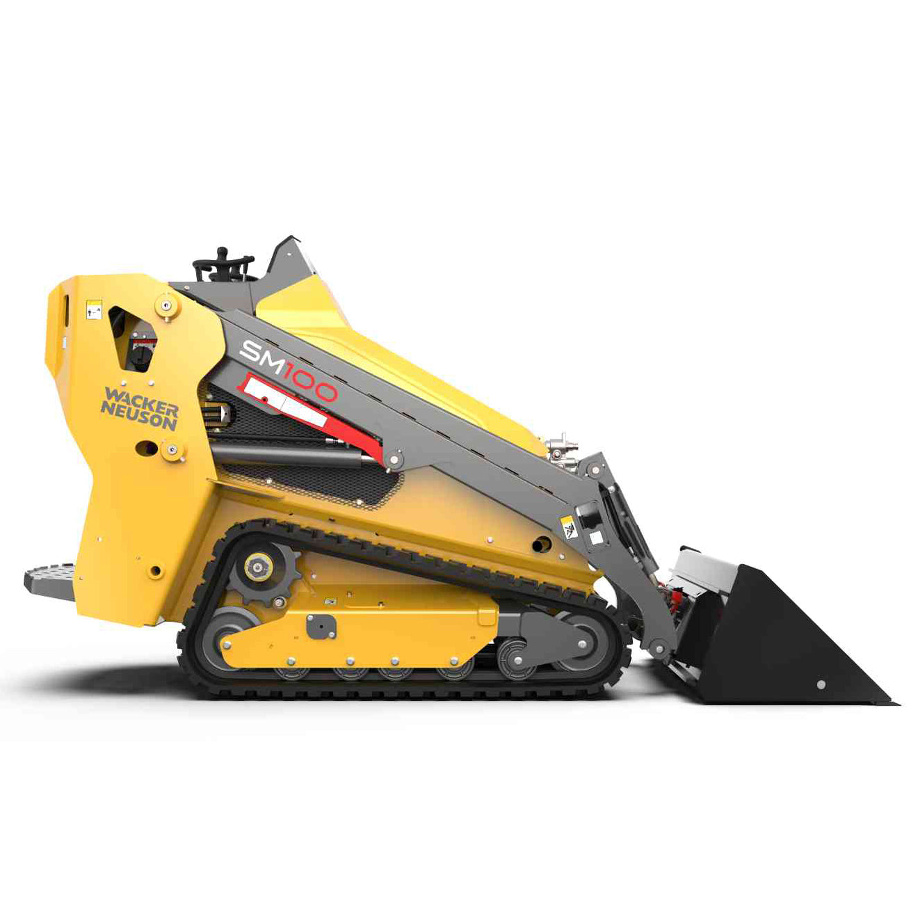 Side view of a 1075 lb walk-behind track loader showcasing its sturdy build, compact design, and industrial-grade tracks for efficient performance on construction sites.