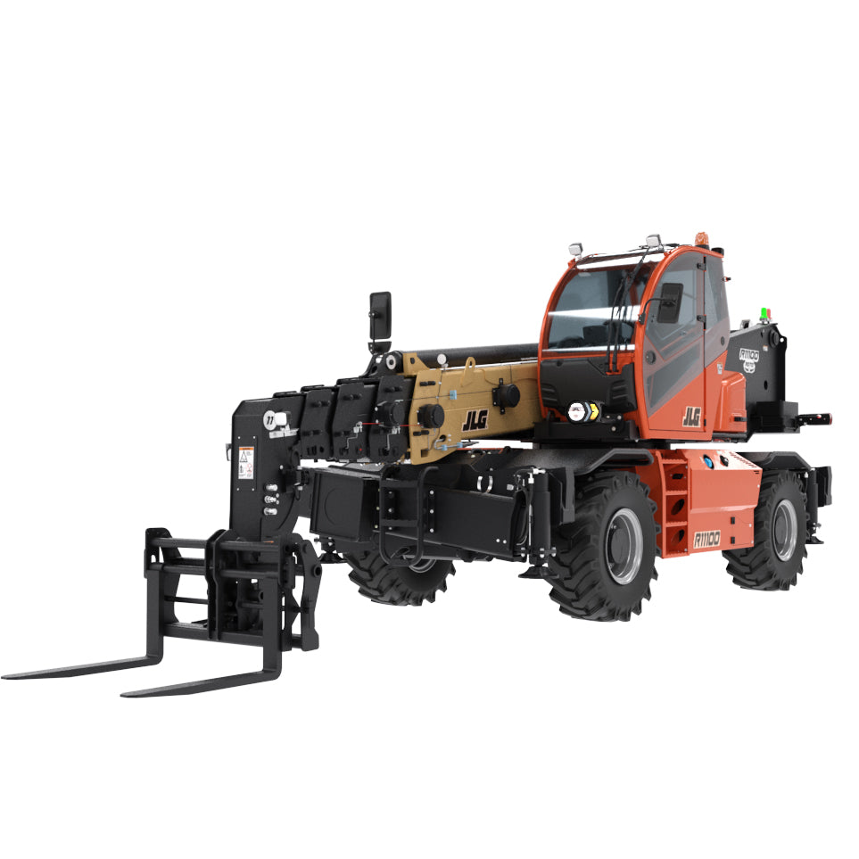 11,000lb rotating telescopic forklift with a 97ft reach, ideal for high-reach construction and industrial applications, showcasing its robust design and versatility on rugged terrain.