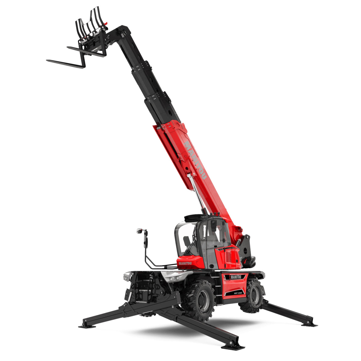 13,000 pound Rotating Telescopic Forklift with 85-foot Reach in an expanded position, ideal for heavy-duty construction and industrial tasks. High-reach forklift with extended arms shown in a work environment.