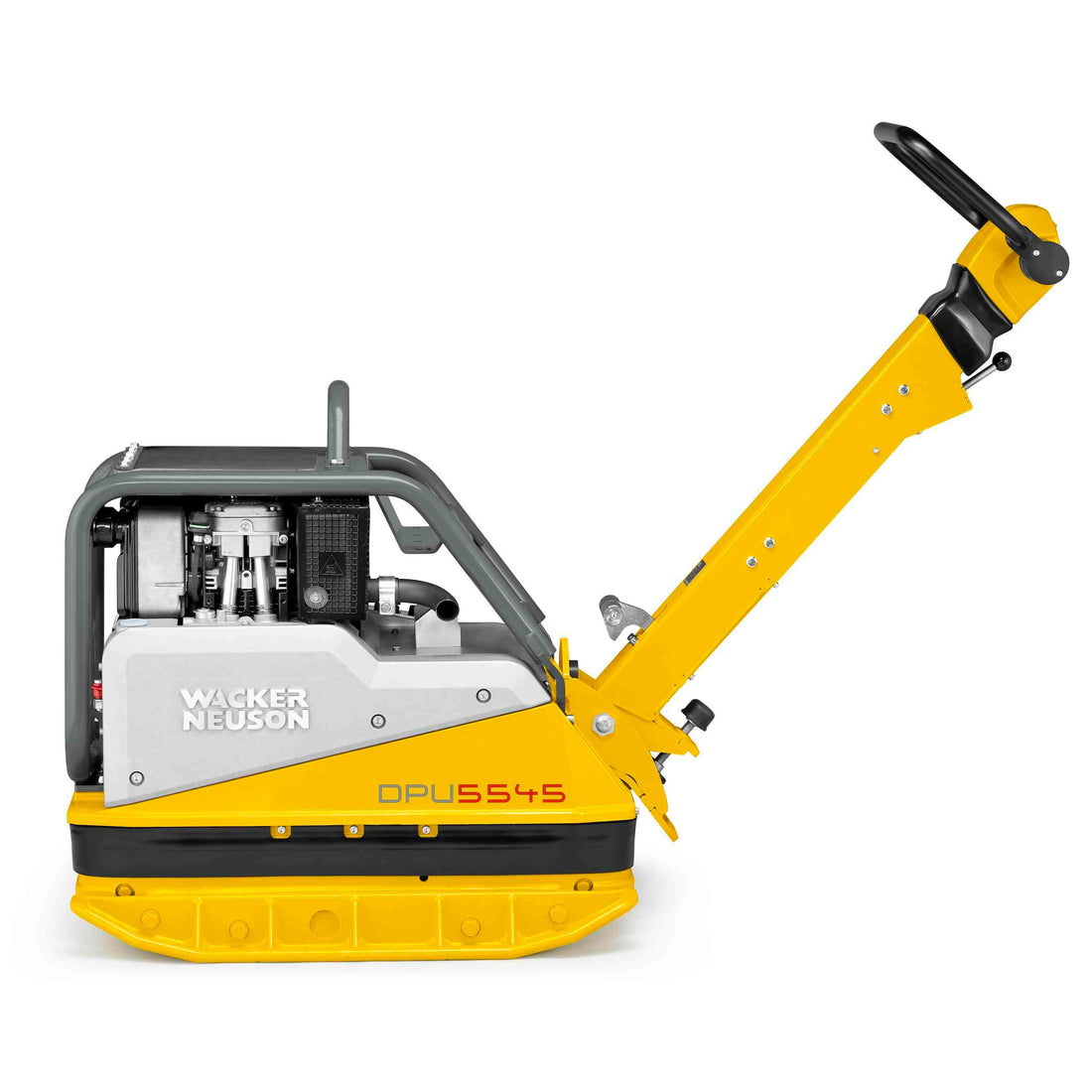 Side view of a 13,000lb Plate Tamper with Diesel Reverse functionality, ideal for compacting soil, gravel, and asphalt for construction and landscaping projects. Heavy-duty equipment designed for high performance and durability.