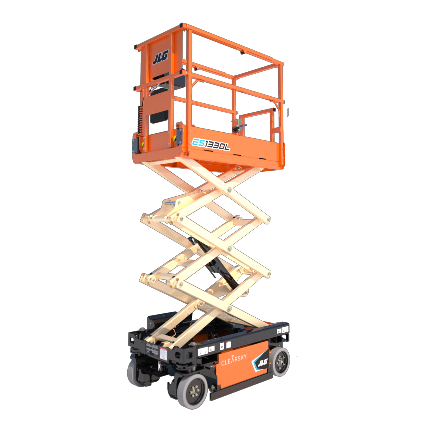 Electric Scissor Lift Elevated – High-quality image of an electric scissor lift fully extended, displaying a blue and white design with a spacious work platform and safety guardrails. The sturdy hydraulic mechanism and wheeled base ensure stability and mobility, making it ideal for tasks in construction, maintenance, and industrial settings. This powerful lift enhances productivity and safety for elevated work areas.