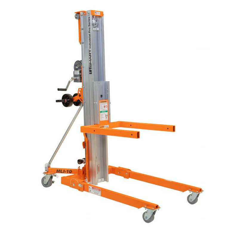 A 15-foot construction material lift for rent with a robust metal frame, a retractable lifting platform, and pneumatic wheels for easy maneuverability on rough surfaces. The lift features a hand crank for manual operation and safety locks to secure the platform at various heights.