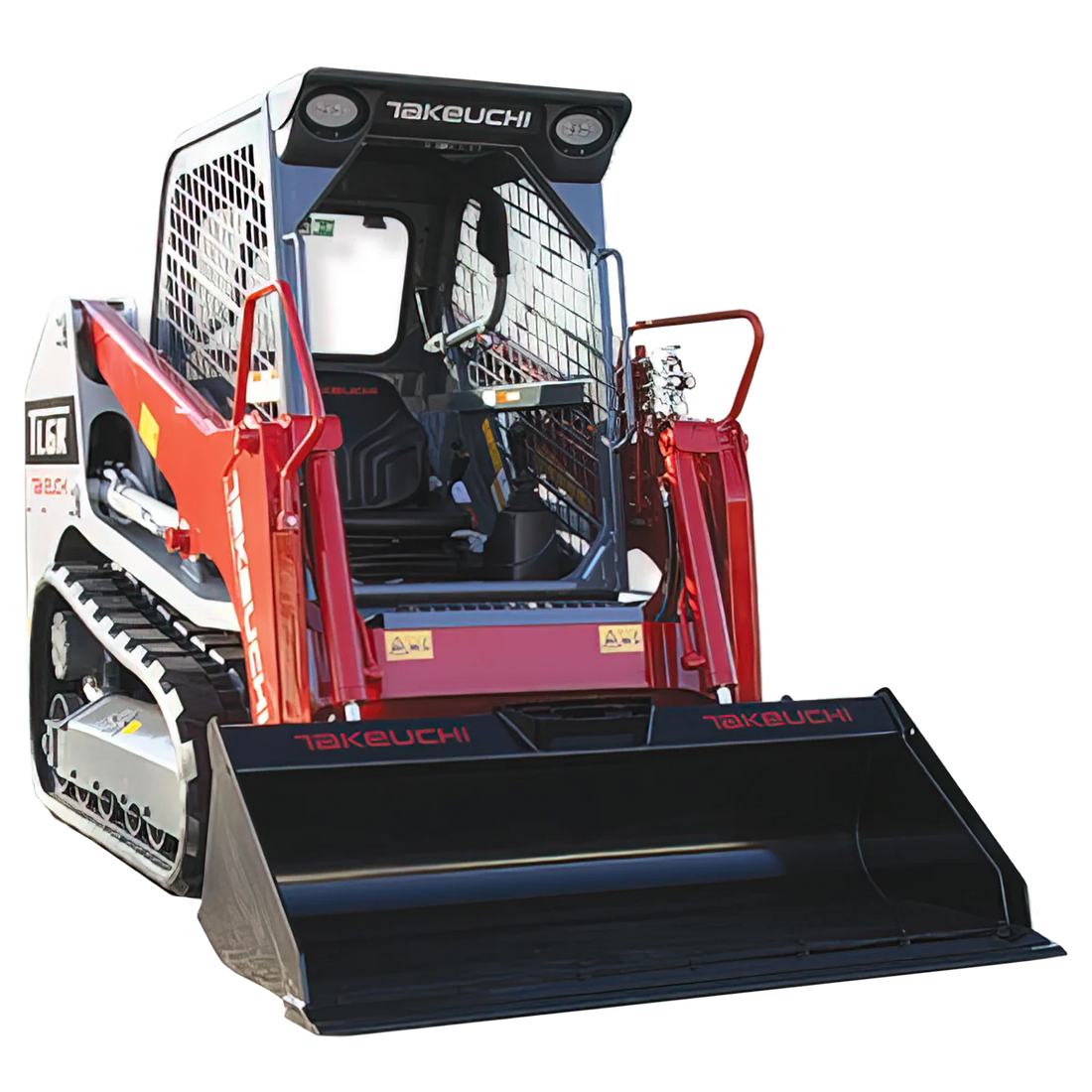 Front view of a 1,500lb-2,000lb track loader with robust treads and a powerful front loader bucket, designed for heavy-duty construction, landscaping, and material handling tasks.