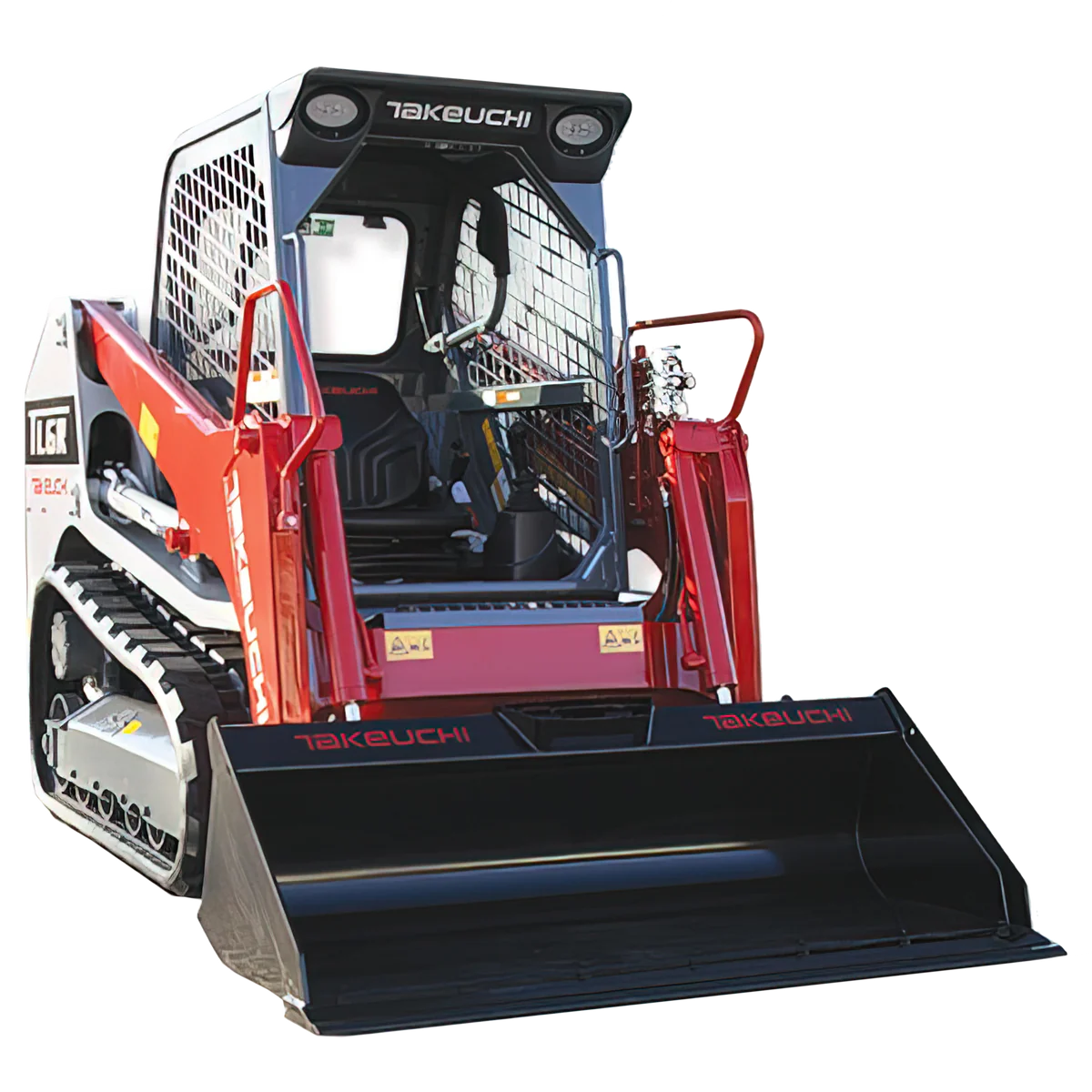 Front view of a 1,500lb-2,000lb track loader with robust treads and a powerful front loader bucket, designed for heavy-duty construction, landscaping, and material handling tasks.