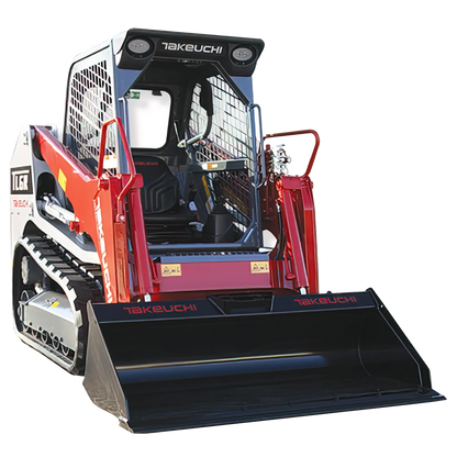 Front view of a 1,500lb-2,000lb track loader with robust treads and a powerful front loader bucket, designed for heavy-duty construction, landscaping, and material handling tasks.