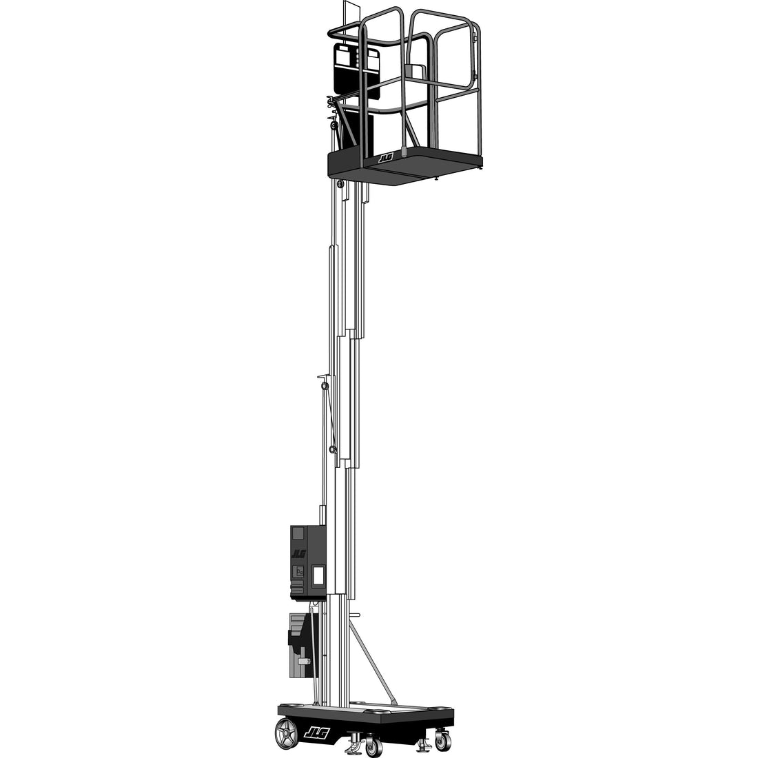 15-Foot Push-A-Round Lift Extended – Image of a 15-foot push-around lift fully extended, featuring a blue and white design. The compact lift includes a secure work platform with safety guardrails and a stable wheeled base. Perfect for maintenance, construction, and various industrial applications that require easy maneuverability and reliable elevation.