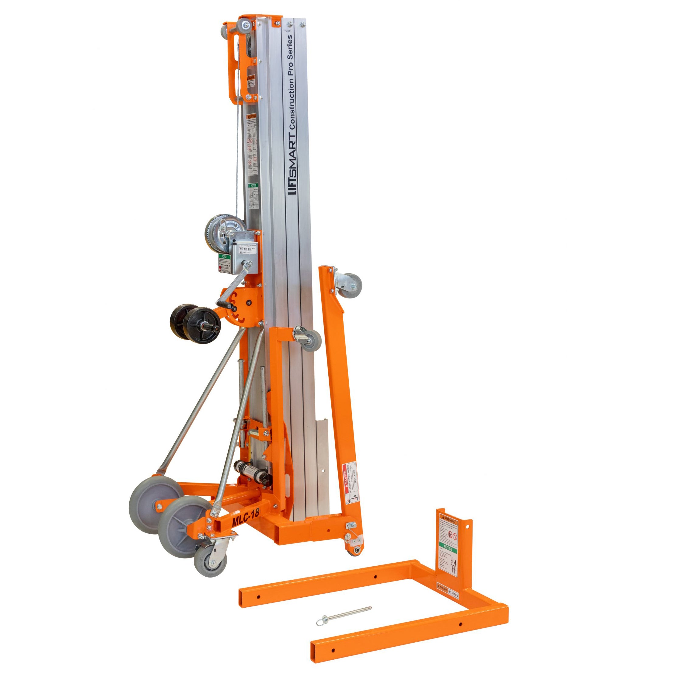 Industrial-grade 18-foot material lift for rent - for easy maneuverability, designed for lifting heavy materials in construction and warehouse environments.