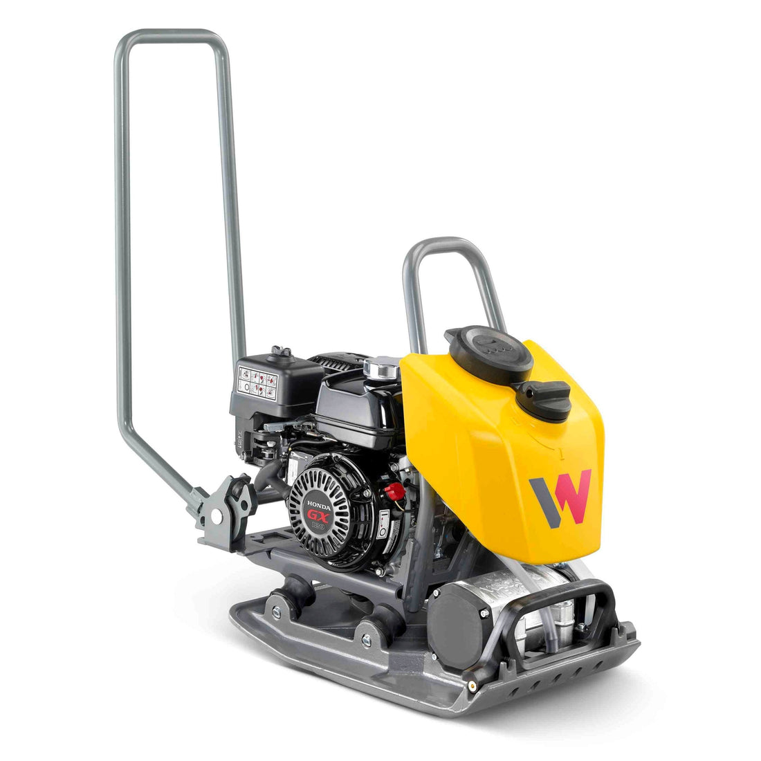 2,470 lb Plate Tamper on Asphalt – Forward – Front left view of a 2,470-pound plate tamper in action on an asphalt surface. The image showcases a robust design with a sturdy metal plate and ergonomic control handle. Ideal for compacting asphalt, soil, and gravel, this heavy-duty equipment is essential for construction sites, road maintenance, and landscaping projects, ensuring stable and even surfaces.