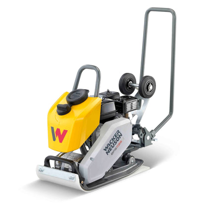 2,470 lb Plate Tamper on Asphalt – Front Right View – Front right view of a 2,470-pound plate tamper in use on an asphalt surface. The equipment features a robust metal plate, ergonomic handle, and a sturdy frame, designed for effective compaction of asphalt, soil, and gravel. Ideal for ensuring stable and even surfaces in construction sites, road maintenance, and landscaping projects.