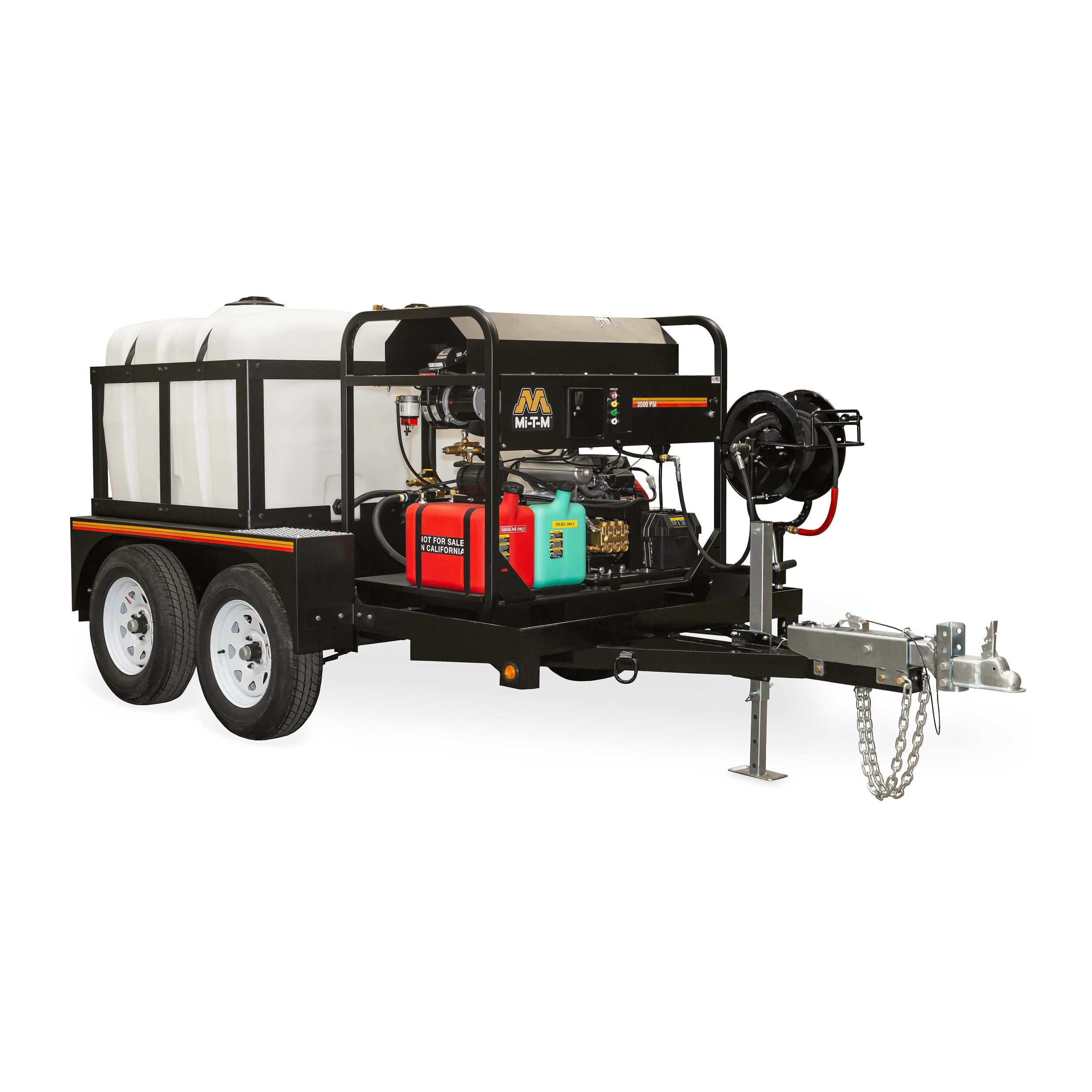 Heavy-duty 3500 PSI Hot Water Pressure Washer trailer for rent, designed for industrial-grade cleaning tasks, showcasing a powerful and efficient system ideal for removing tough dirt and grime from large surfaces.