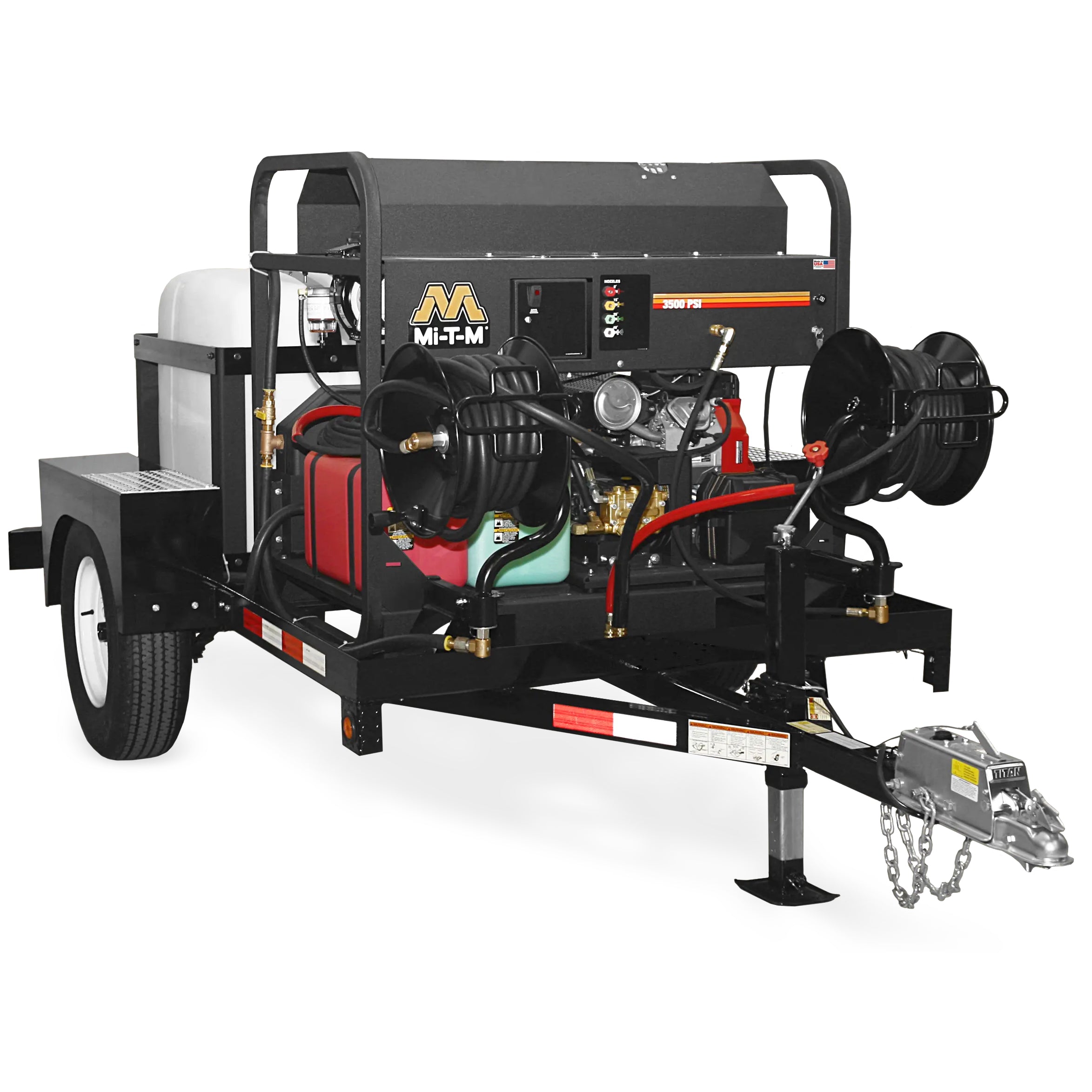 Heavy-duty 3500 PSI Hot Water Pressure Washer Trailer for rent, designed for industrial-grade cleaning, featuring a sturdy trailer mount for easy transport and efficient performance on construction sites and industrial environments.