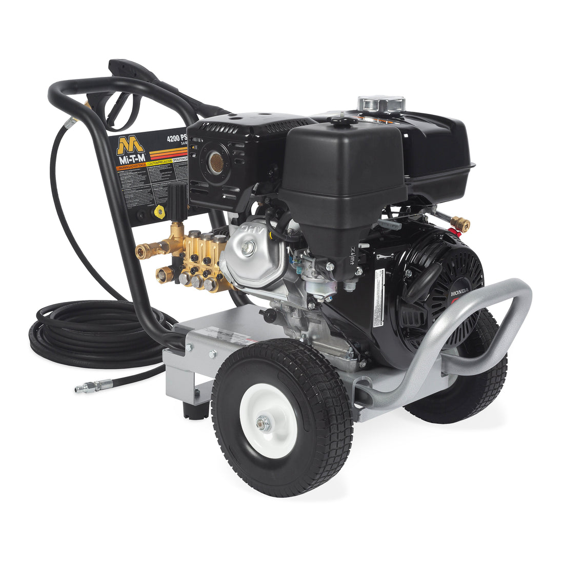 4000 PSI Cold Water Pressure Washer with sturdy wheels and ergonomic handle, ideal for heavy-duty cleaning tasks in residential and commercial settings.