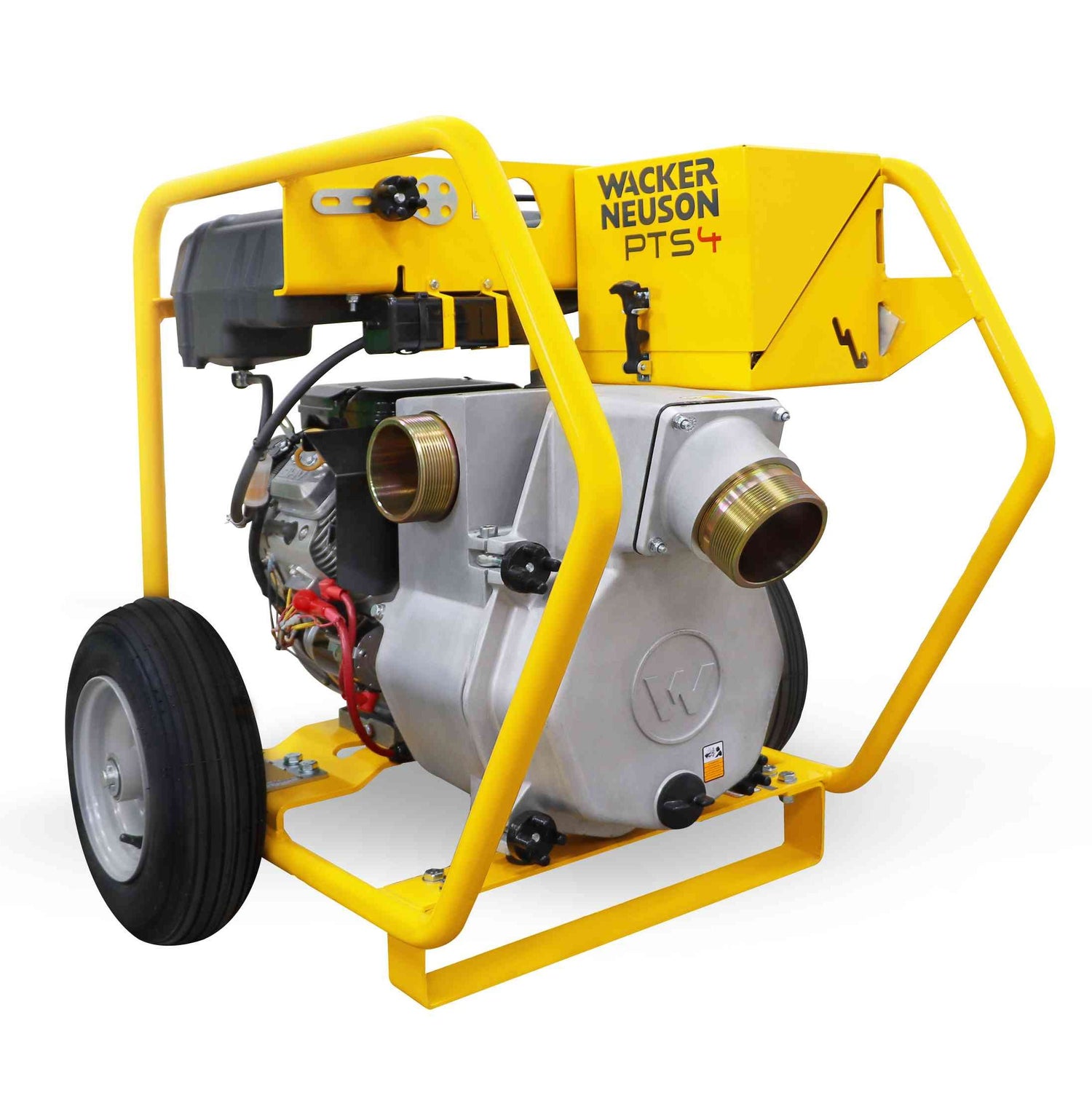 Front view of a powerful 4-inch trash pump, highlighting its durable construction and capability for efficient water and debris removal in industrial and construction environments.