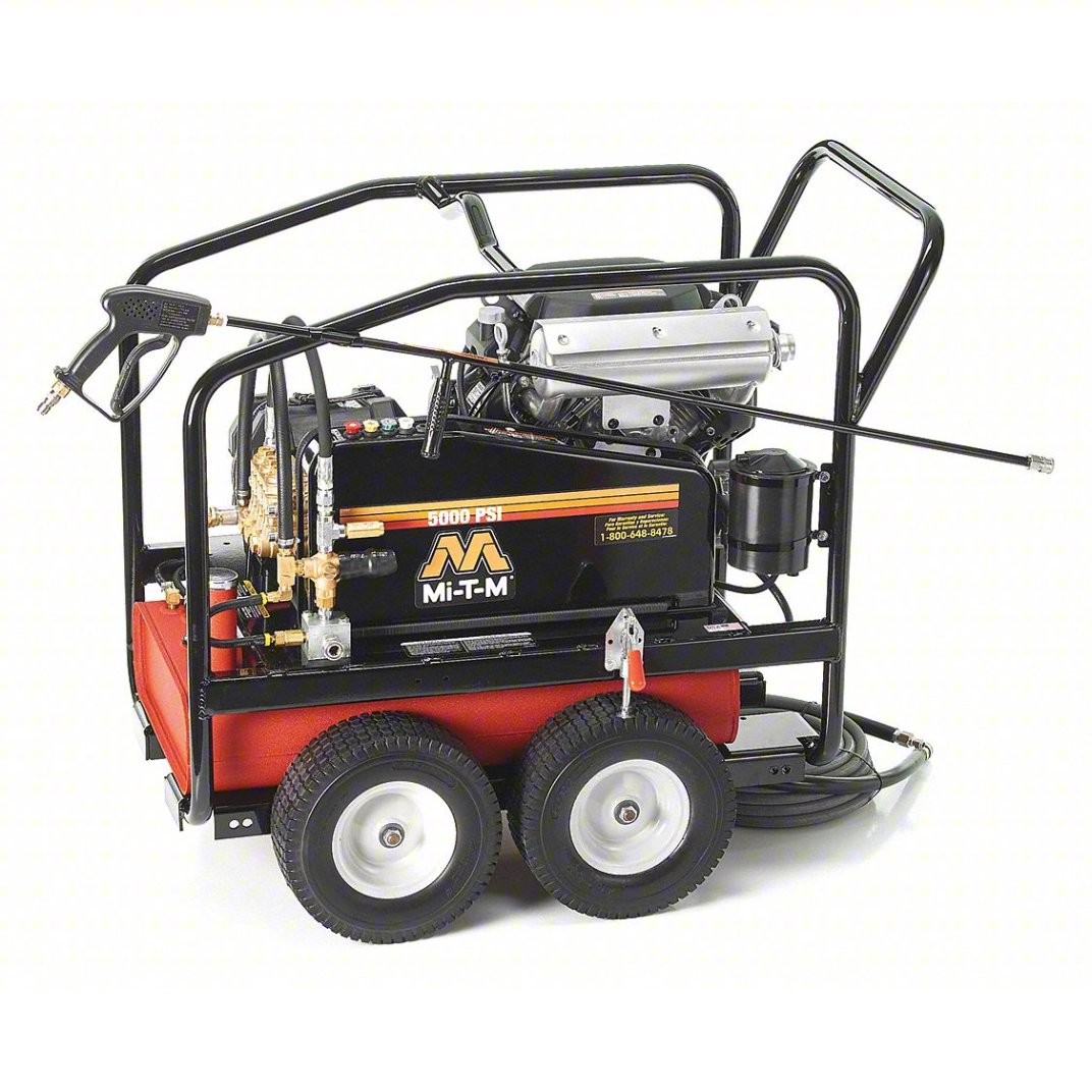 High-performance 5000 PSI cold pressure washer for rent, with sturdy wheels and ergonomic handle, designed for heavy-duty cleaning tasks.