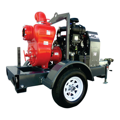 Towable 6 inch trash pump for rent - ideal for heavy-duty water and debris removal, shown with durable wheels and hitch for easy transportation.