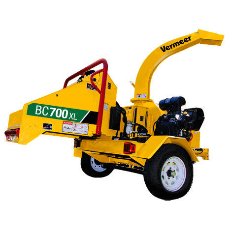 Side view of a 6-inch wood chipper, featuring a sturdy steel frame, large wheels for mobility, and a wide hopper for efficient loading of branches up to 6 inches in diameter. Ideal for landscapers, gardeners, and homeowners needing to manage yard waste effectively.