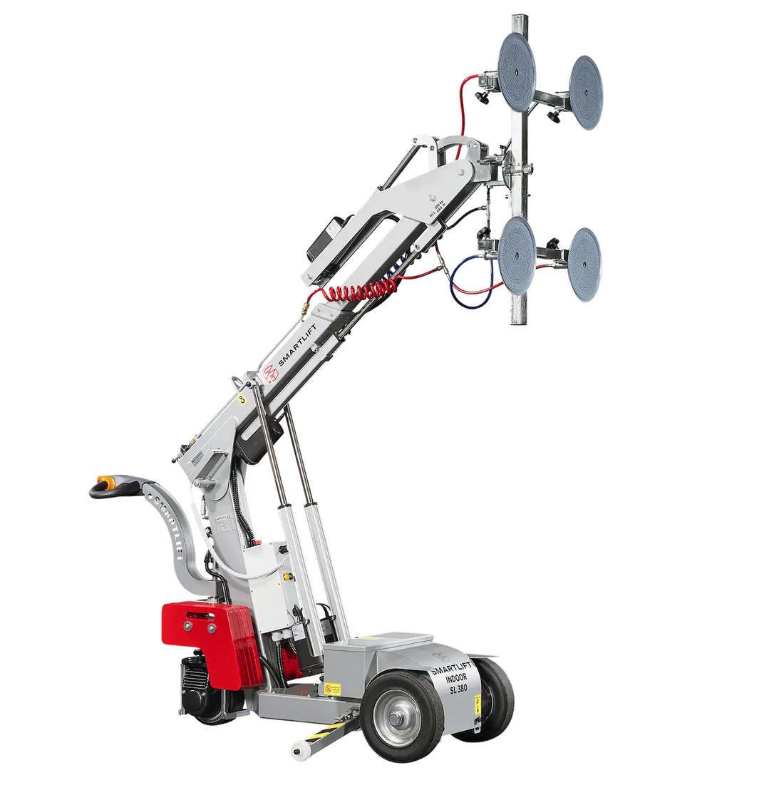 Glass lifter for rent - designed for indoor use with a capacity of up to 840 lbs, featuring sturdy frames and suction cups for secure handling and transportation of large glass panes.