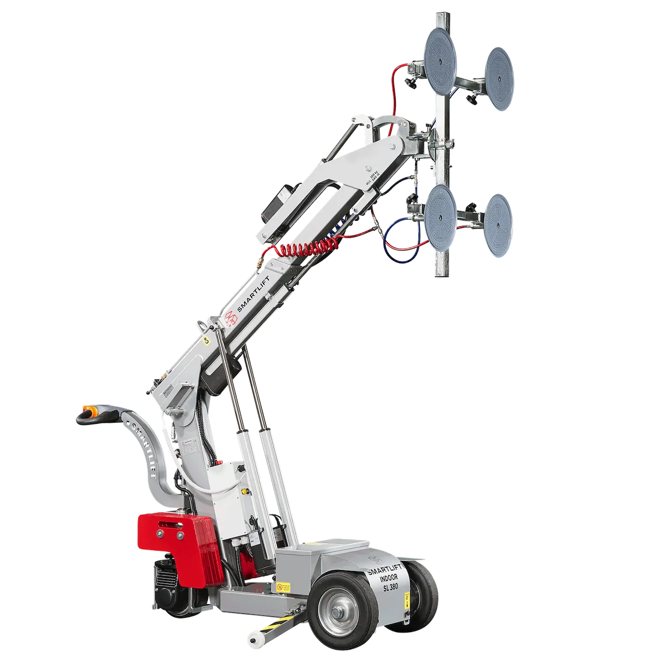 Glass lifter for rent - designed for indoor use with a capacity of up to 840 lbs, featuring sturdy frames and suction cups for secure handling and transportation of large glass panes.