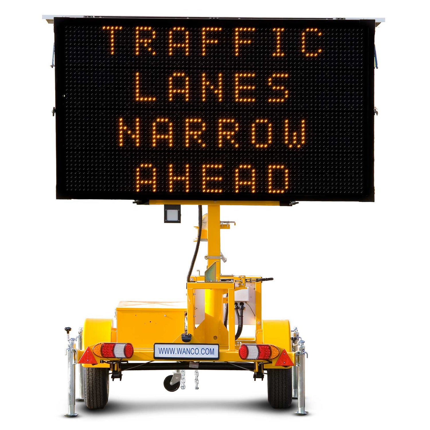 Portable digital message board powered by solar panels for efficient traffic control messages.